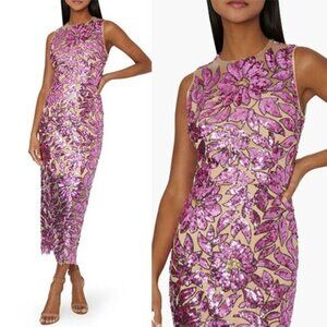 NWT Milly Kinsley Floral Garden Sequin Back Slit Sheath Midi Dress Purple Sz 8
